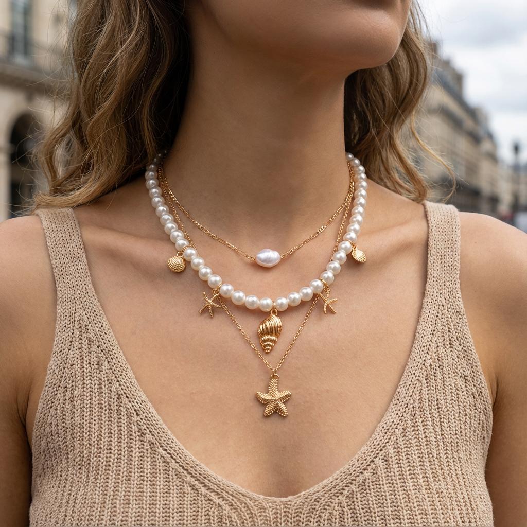 Boho Shell Starfish Shape Pendant Necklace for Women Elegant Imitation Pearl Layered Chain Necklace Trendy Summer Beach Jewelry