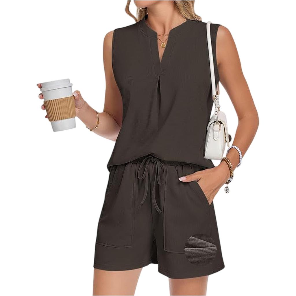 Stylish Women's Two-Piece Summer Casual V-Neck Pleated Sleeveless Shorts Set