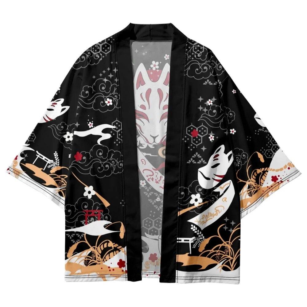 Fox Man Japonské oblečení Yukata Muž Samurai Kostým Haori Obi Beach Pánské Kimono Cardigan Japonská streetwear bunda