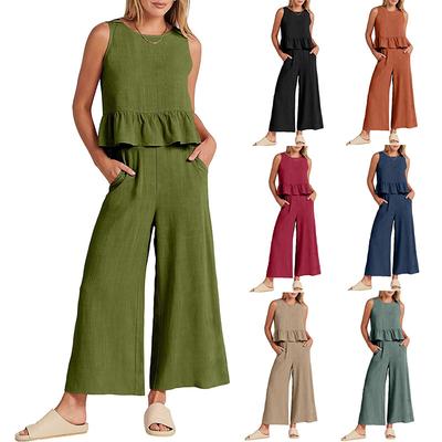 Summer Two Piece Set Women Casual Sleeveless Pleated Pants Sets Wide-leg Loose Clothes 2 Piece Sets O Neck Trouser Suits