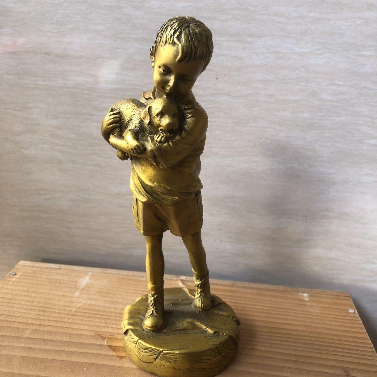 

Pure Copper Boy Holding Hound Dog Home Decoration Ornament - Exquisite Craft Figurine for Living Room, Bedroom & Study