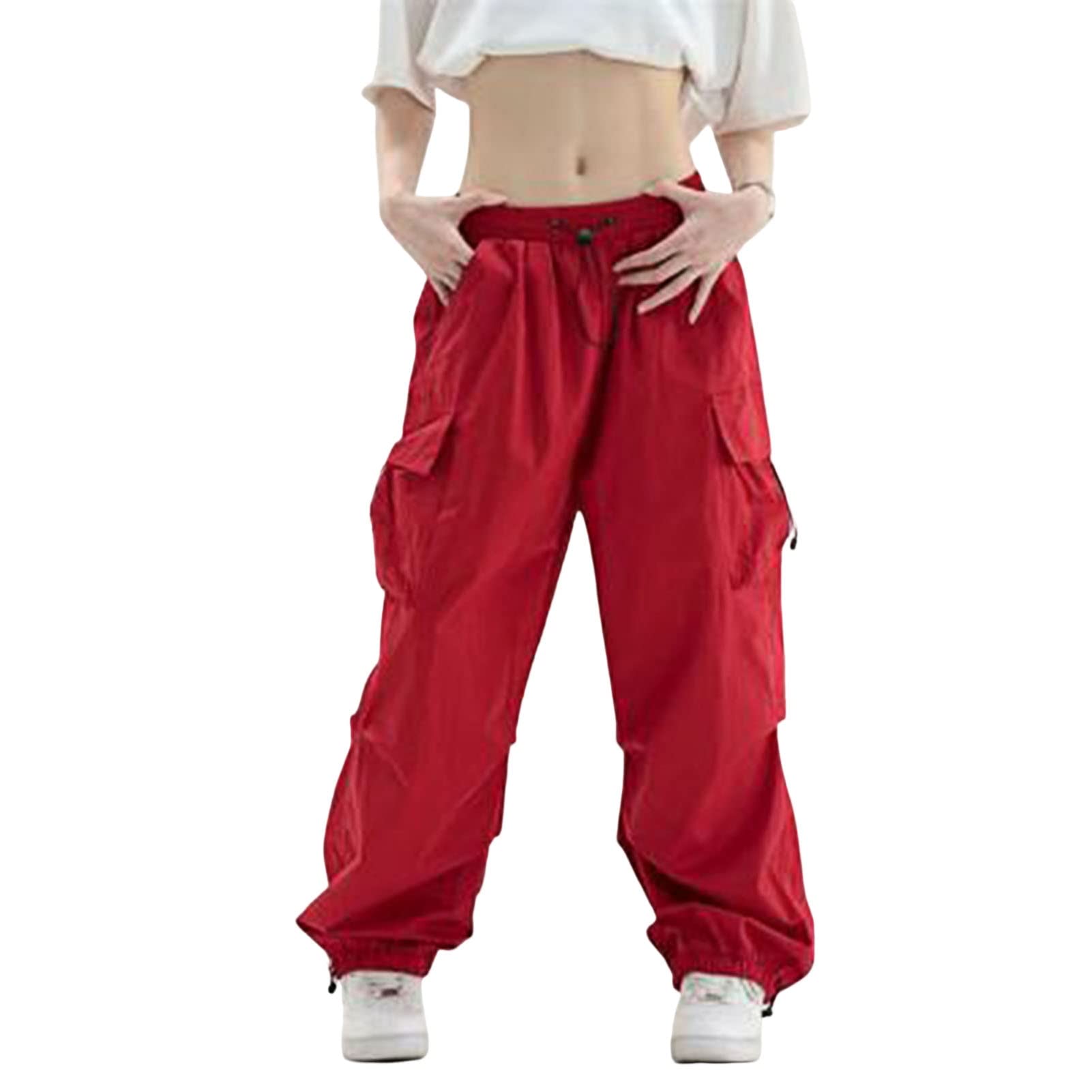 

Generic Lady Cargo Pants High Waist Street Dancer Cargo Pants Hip Hop Red M
