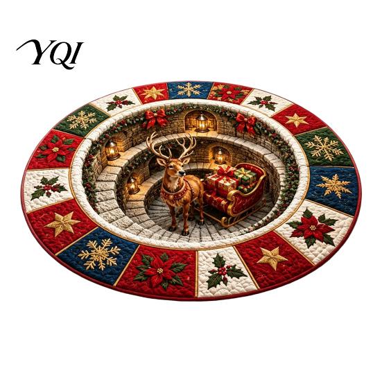 Holiday Party Home Decoration Round Christmas 3D Rug, Optical Illusion Area Santa Claus Gnome Quilted-Like Anti Slip Living Room Rug Anti-slip