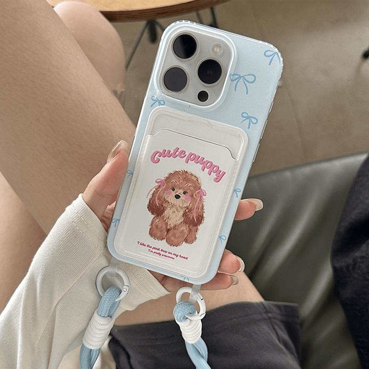 

Milk Blue Lanyard Cute Bow Teddy Dog Card Holder for Apple Phone Case Air Cushion Internet Celebrity Small Fresh Protective Case For iPhone 17PROMAX