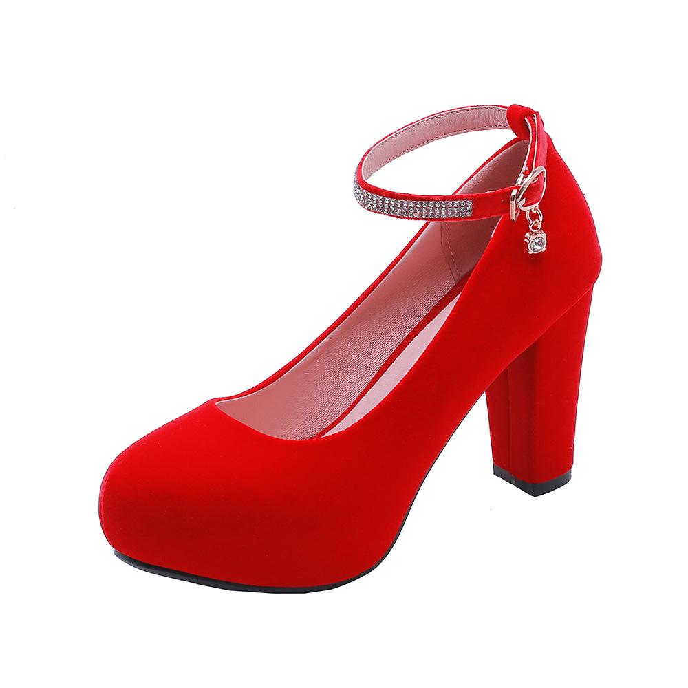 

Весна 2025 года, новые модные туфли на толстом каблуке с пряжкой из одного слова и стразами, свадебные туфли 32-45 34 красный