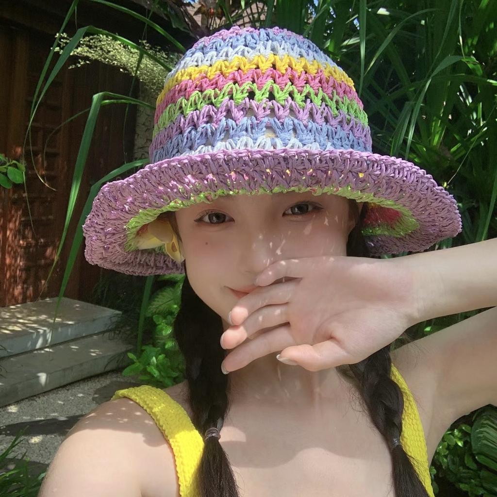 Ins Rainbow Straw Bucket Hat Women's Summer Outdoor Vacation Sun Protection Sun Hat Beach Face Small Bucket Hat