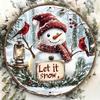 Vintage Snowman Cardinal Wall Plaque 8 Inch Round Aluminum Sign Let It Snow Winter Scene Lantern Holiday Christmas Decor