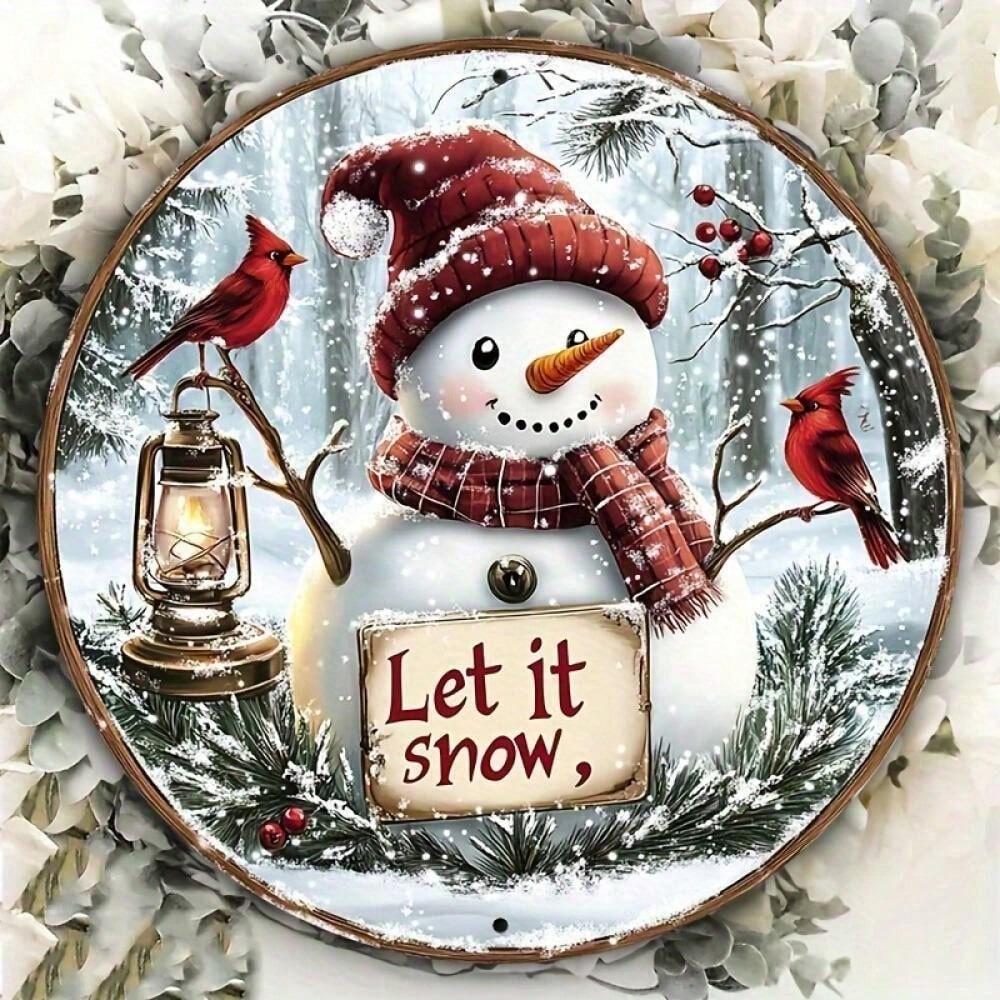 Vintage Snowman Cardinal Wall Plaque 8 Inch Round Aluminum Sign Let It Snow Winter Scene Lantern Holiday Christmas Decor