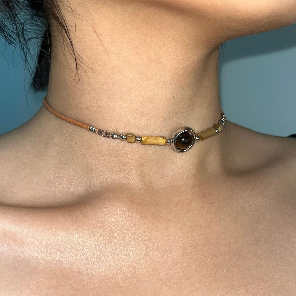 Personality Retro Splicing Tiger's Eye Stone Beads Maillard Leather Rope Choker Necklace for Women Men Punk Trendy Jewelry Gifts