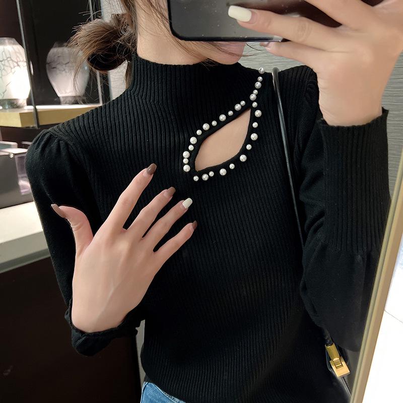 2023 Puff Sleeve Knit Top for Women: Sexy Hollow-Out Beaded Half-High Collar Sweater, Perfect for Autumn/Winter.