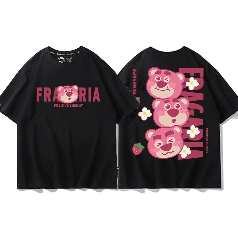 Strawberry Bear Joint TShirt Unisex Loose Fashion Brand Different Pure Cotton Clothes Summer Couples Short Sleeve