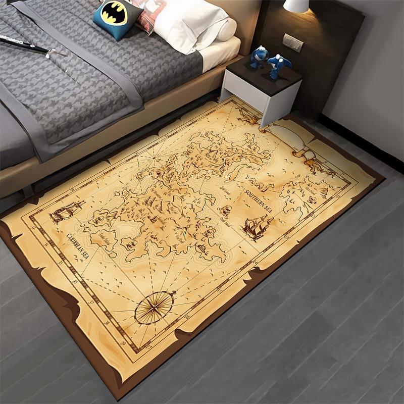 Vintage World Map Print Carpet for Living Room, Antique Style Décor Rug Suitable for use as an anti-slip for living room bedroom sofas