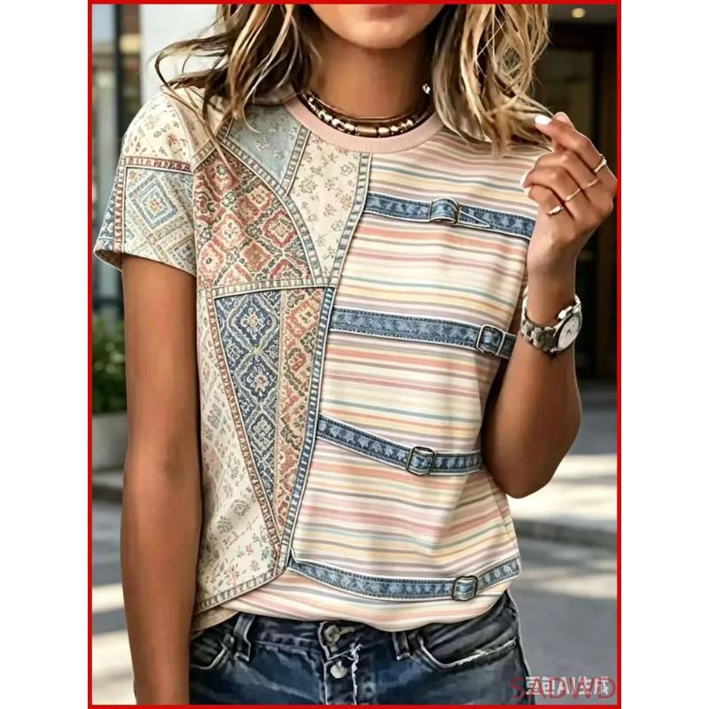 Moda Donna Girocollo Manica Corta Stampa Colore 3D Casual T-shirt Casual a Manica Corta Girocollo