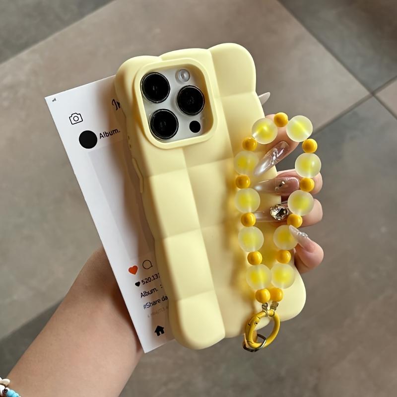 Cartoon Lattice 3D Block With Bead Lanyard Phone Case For iPhone 18 17 16 15 14 13 Pro Max Candy Color Shockproof Soft TPU Cover