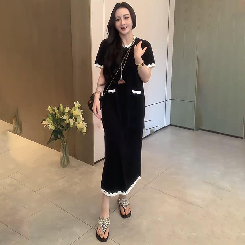 Plus Size French Round Neck Color Block Short Sleeve Dress - Elegant Summer Slimming Long Skirt for Women