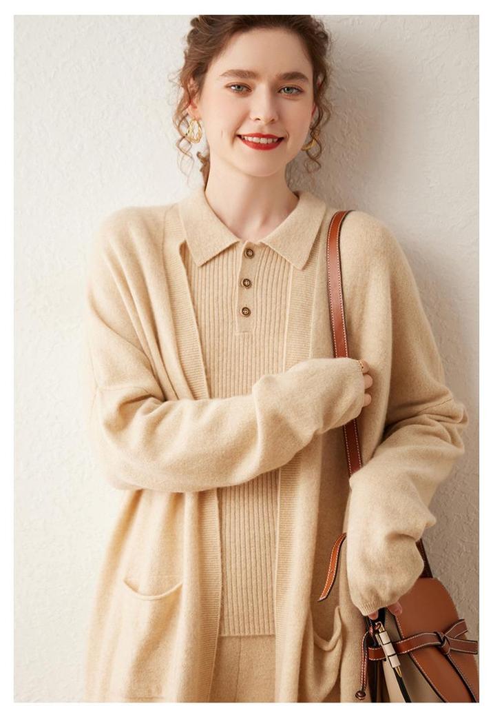 Women's Cashmere Polo Collar Ribbed Sweater – Long Sleeve, Button Closure, Perfect for Autumn and Winter