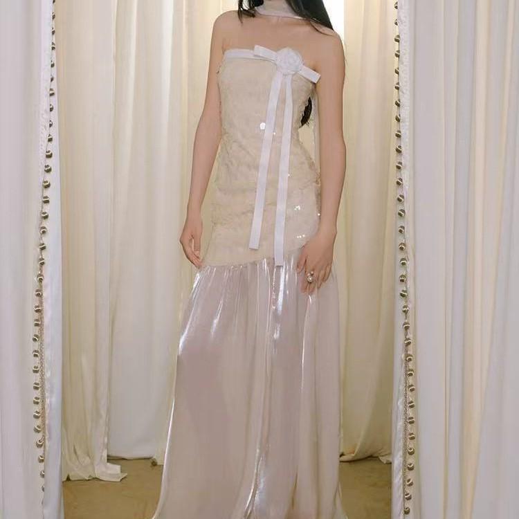 Spring Sequin Patchwork Strapless Dress L покинуть белый