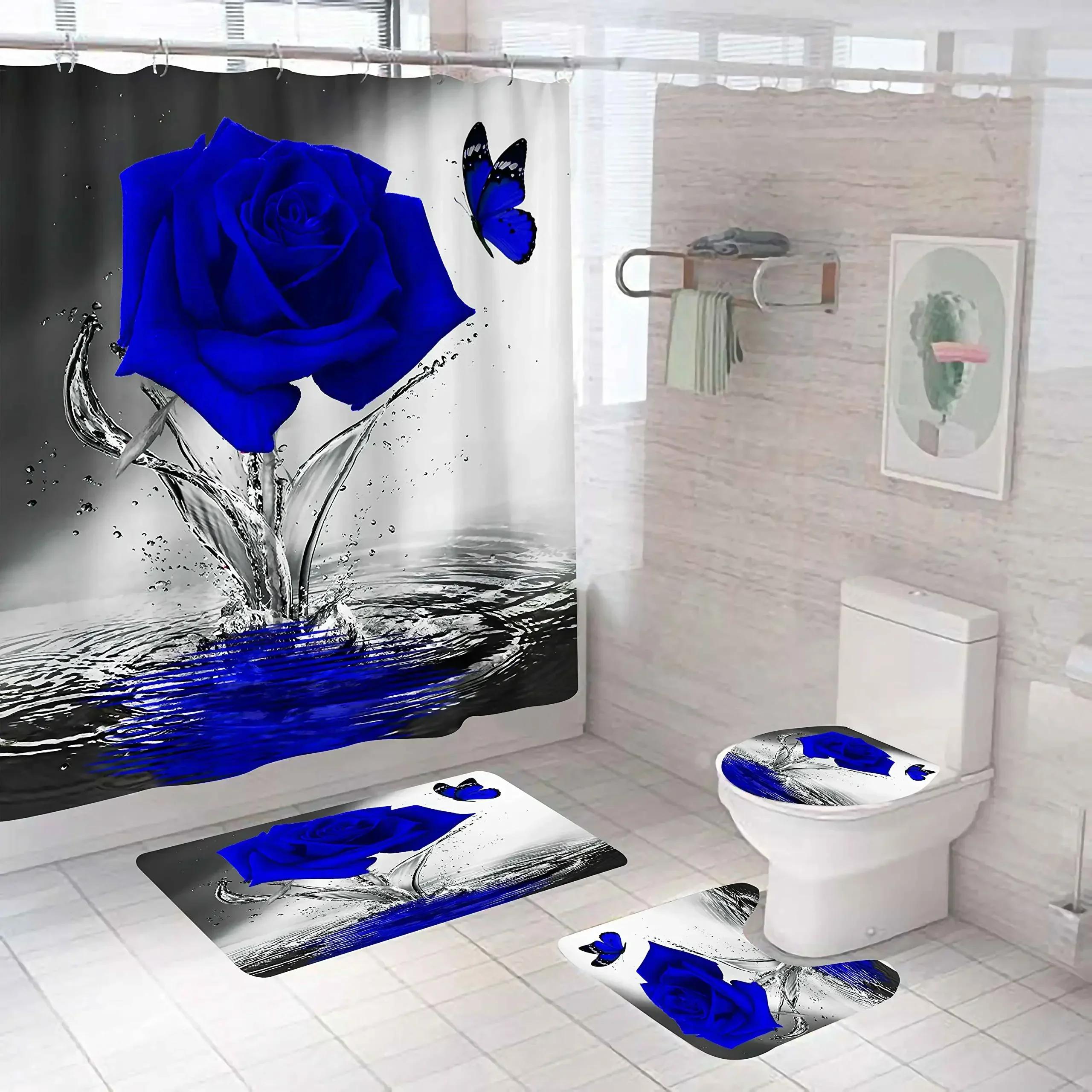 

Blue Rose Flowers Waterproof Bathroom Shower Curtain Set Polyester Toilet Seat Cover Bath Nonslip Mat Rug Carpet Home Decor W60H190(CM)-1 Pcs