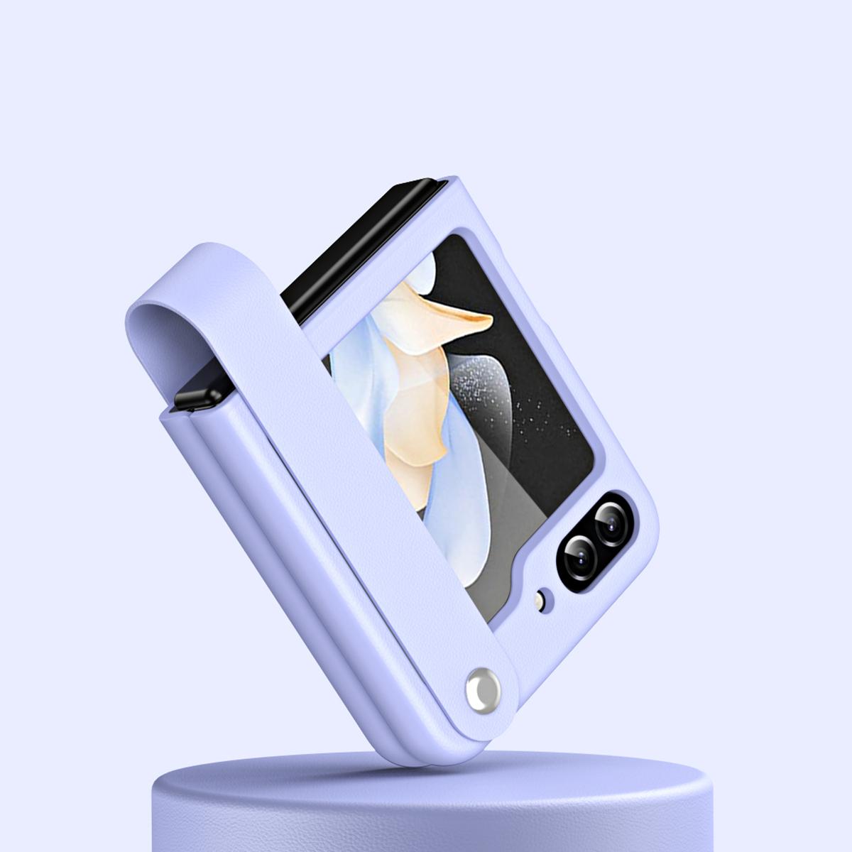 

Slim Case for Samsung Galaxy Z Flip5 5G Protective PU Leather PC Phone Cover with Finger Strap Purple