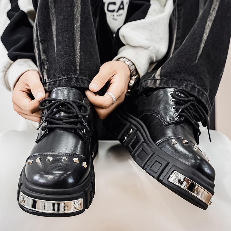 Fashion Men Platform Derby Shoes British Style Casual Genuine Leather Shoes Personalized Rivet Design Fashion Thick Sole Footwear 39-44