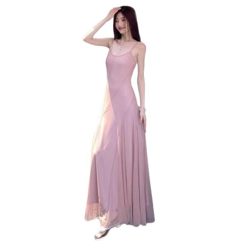 French Pink Suspender Skirt Sleeveless Dress Women's Summer Mesh Yarn Waist Temperament Seaside Vacation Long Skirt