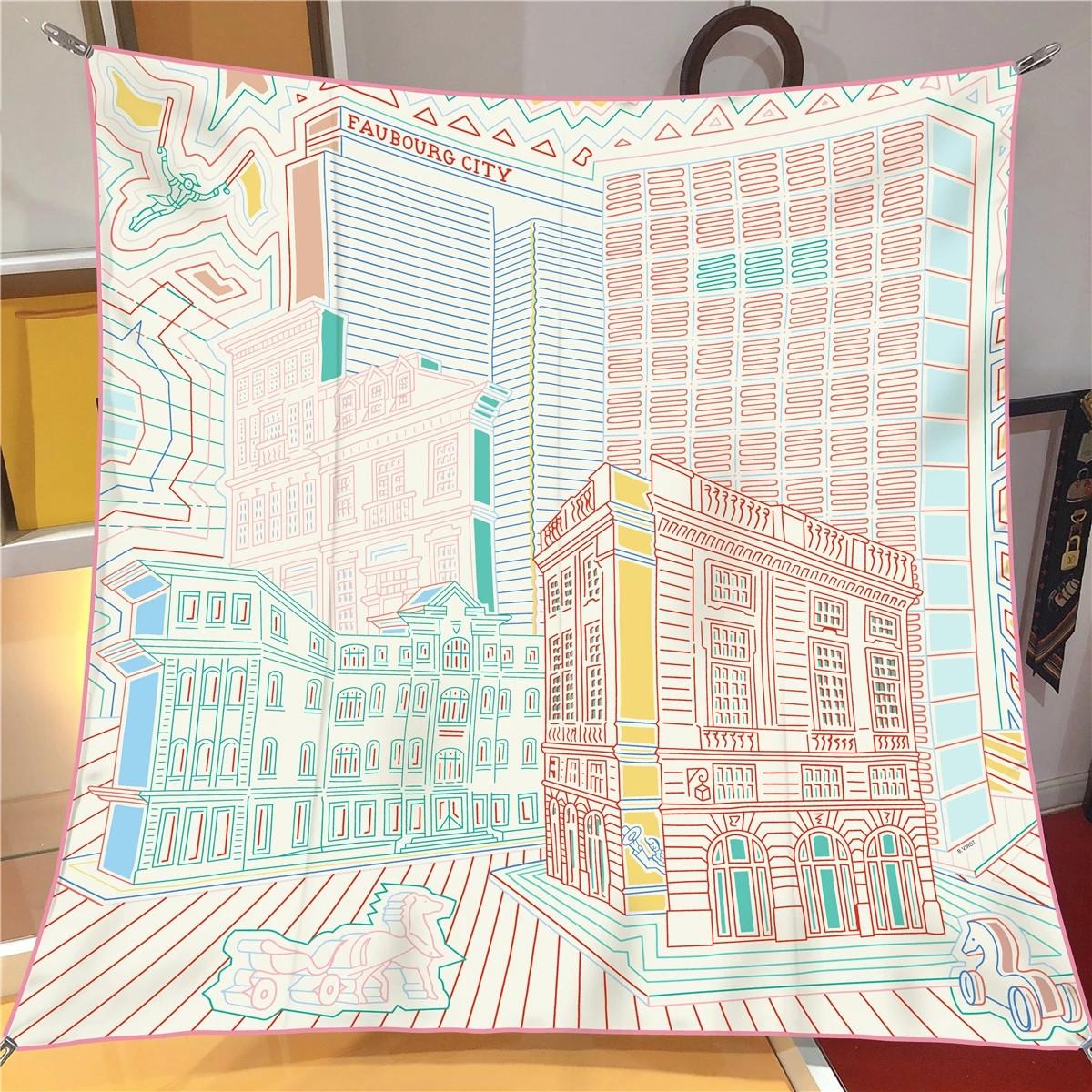 

90Cm Twill Silk Scarf Lady Shawl Modern City Printed Square Scarves Women Hijabs Bandana Foulards Neckerchief 90CM x 90CM