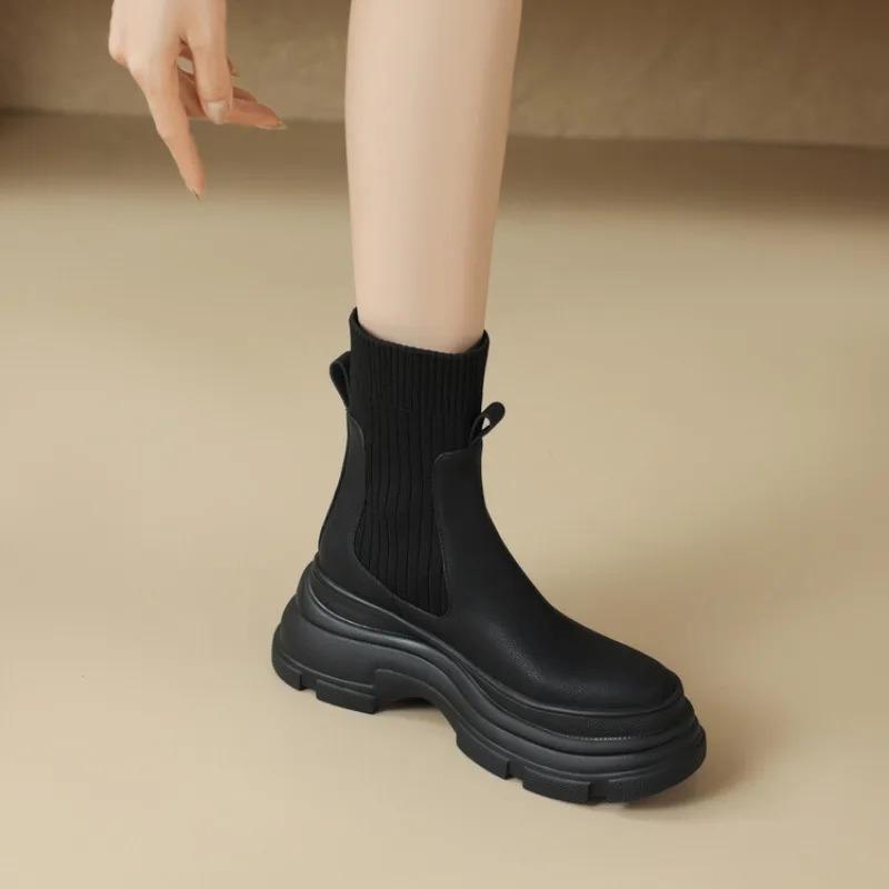 Knitted Spliced Single Boots Women's Fashion Round Toe Sleeve Platform Anti-Slip Wear-Resistant Short Shoe
