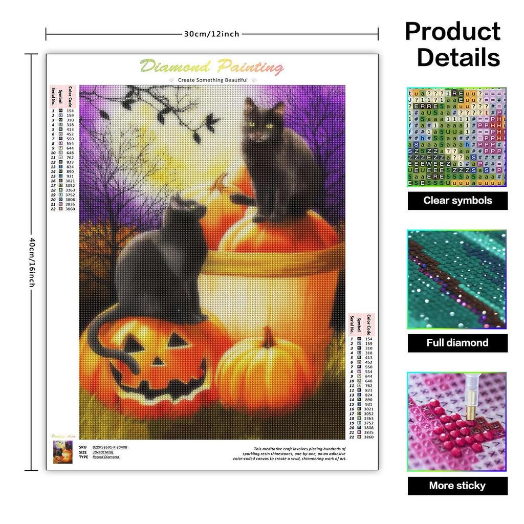 5D DIY Diamond Painting Pumpkin Cat Full Round Embroidery Halloween Mosaic Creative Hobbies Decoration For Home 30x40cm/12x16inch