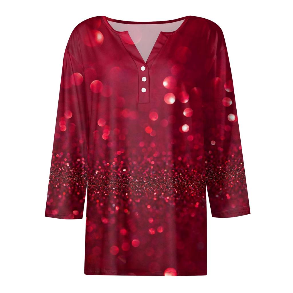 Dámské tričko s vánočním potiskem, knoflíky a 3/4 rukávem, pro každodenní nošení i na víkend, módní základní kousek s výstřihem do V, běžného střihu