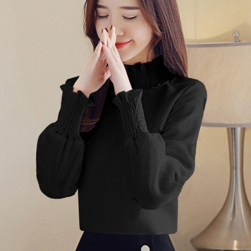

women s Ruffled High Neck Slim Fit Long Sleeve Blouse Solid Color Casual Lantern Sleeve Tunic Top M чёрный