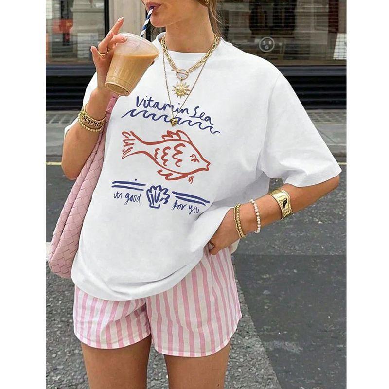 Vitamin Sea American vintage Print Pure Cotton Leisure Holiday Style Short sleeve T-shirt Women