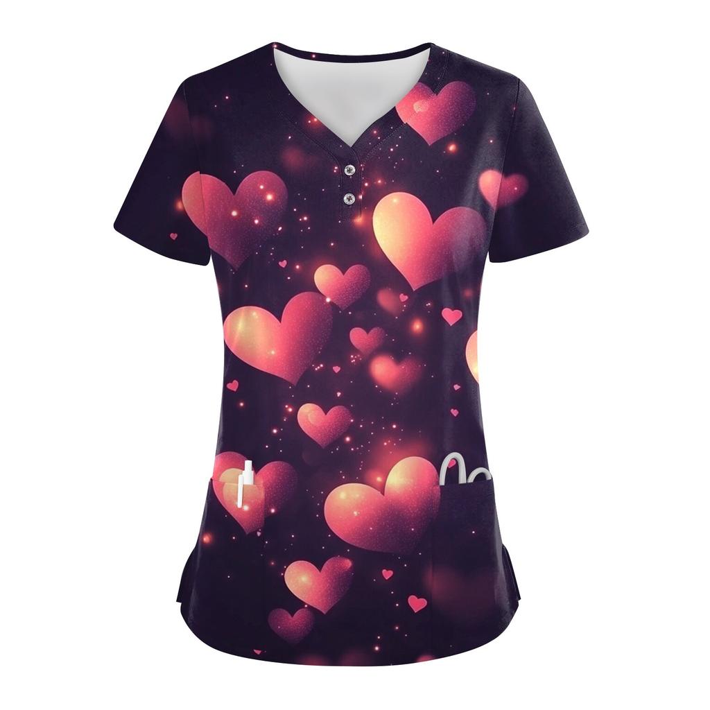 Damen-Oberteil mit Knopfleiste und V-Ausschnitt, modisch, lässig, mit Weihnachts- und Valentinstags-Print, Top für Krankenschwestern, Kasacks für Damen, 2 Taschen