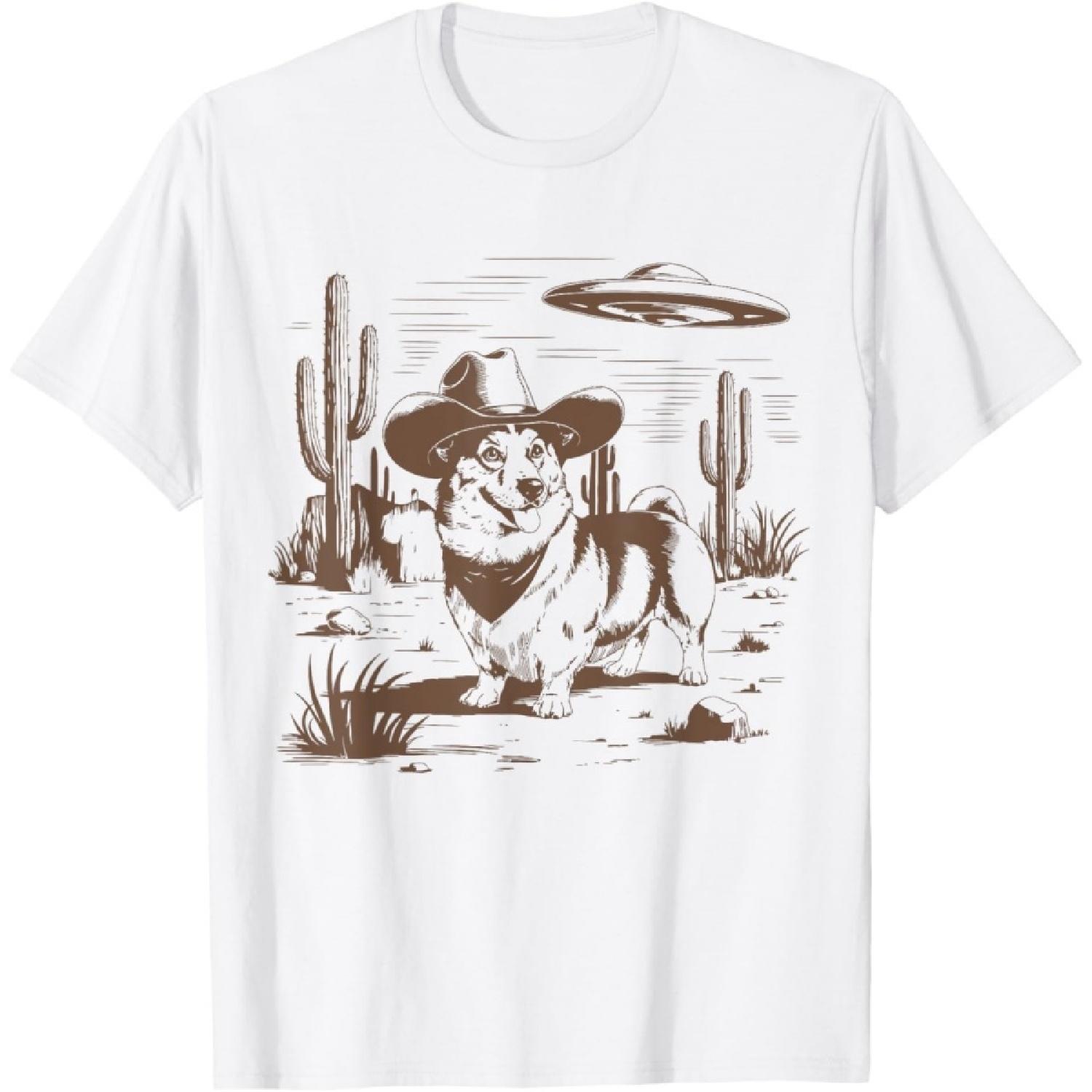 UFO Corgi Western Alien Vintage 90s Wild West Fun Cowboy Dog T-Shirt S