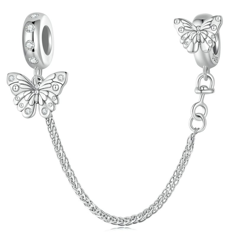 WOSTU 925 Silver Love Heart Silicone Safety Chain Butterfly Angel Wing Link Charm Fir Original Bracelet DIY Jewelry