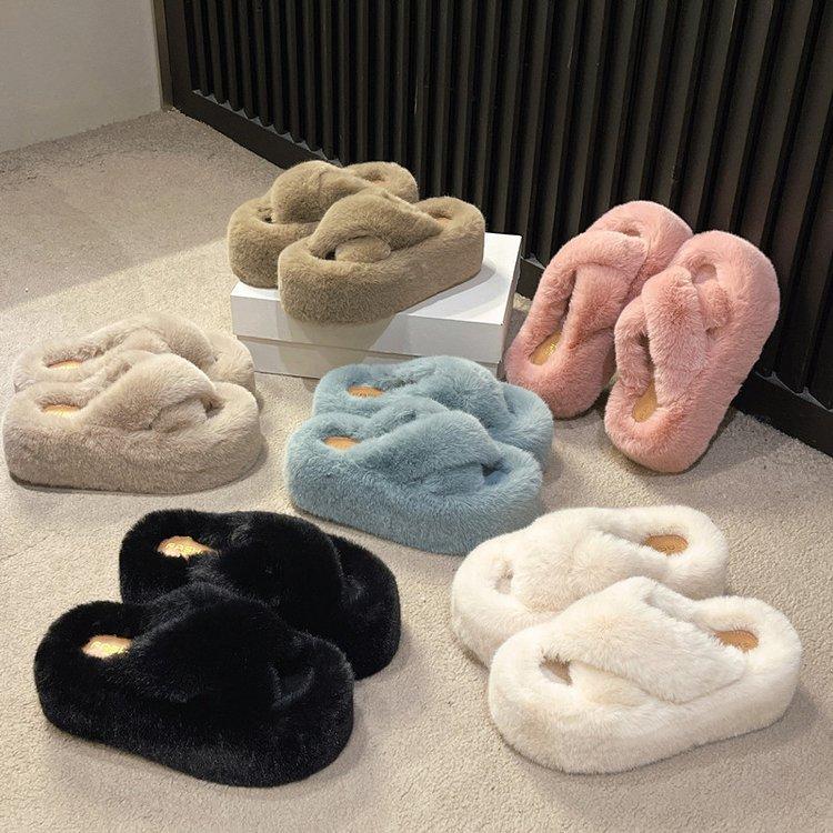 7CM large size thick-soled fluffy slippers for women's outer wear 2025 autumn new models to increase the height of a boy high-heeled outer wear cotto