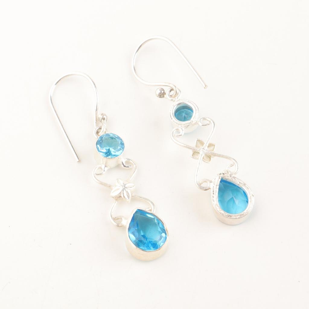 Natural Swiss Blue Topaz Gemstone 925 Solid Silver Jewelry Handmade Earrings 2" EE-156-13