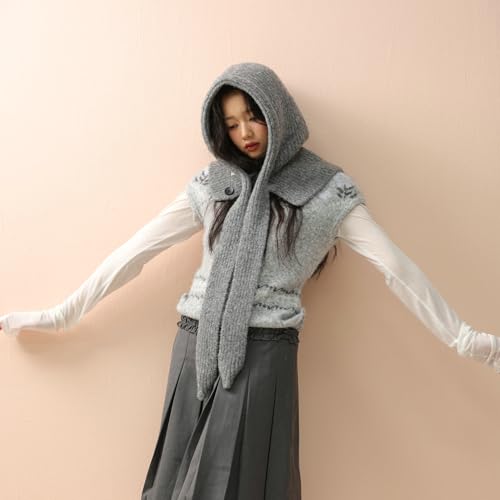 YeeShin 10-Farben Damen Strickmütze, Sturmhaube, Wintermütze, Wollschal, Dicke Kapuzenmütze, Koreanischer Stil Schal, Warm, Stilvoll, Kälteschutz, C