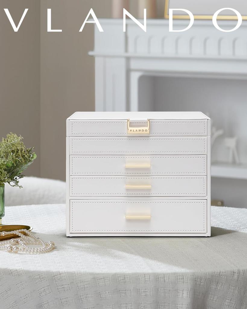 Vlando Large Capacity Jewelry Box with 4 Drawers for Small Items, Earrings, Necklaces, Rings, Watches, and More (White)