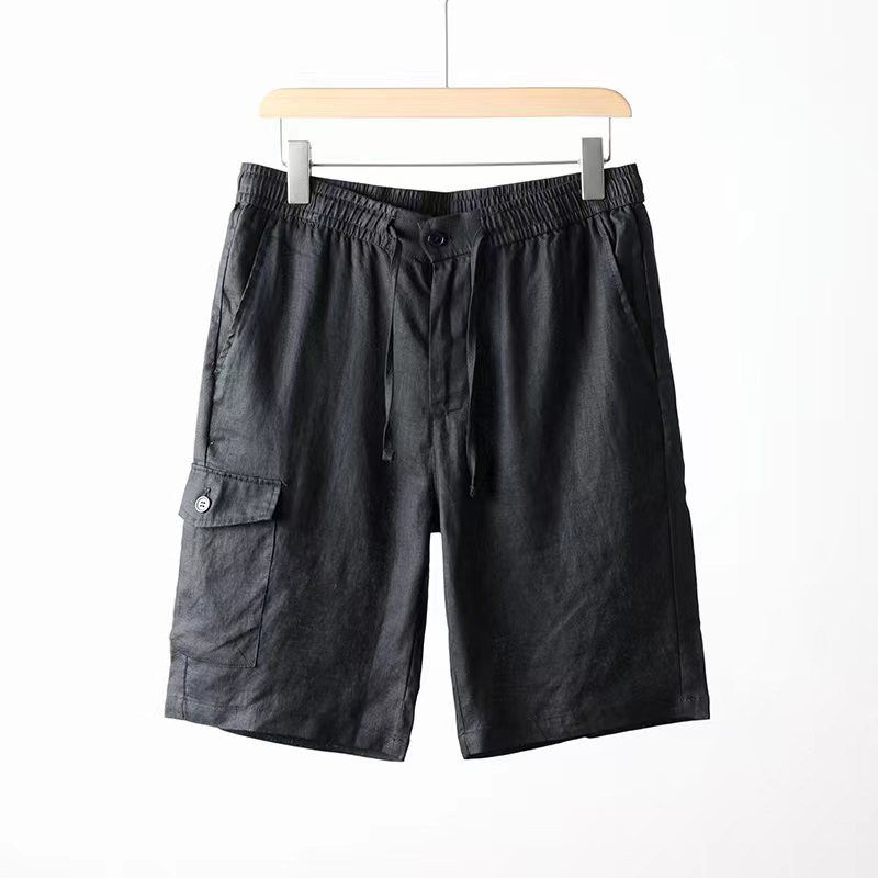 Trendy Retro Pure Linen Minimalist Export Parka Shorts Black 4XL.