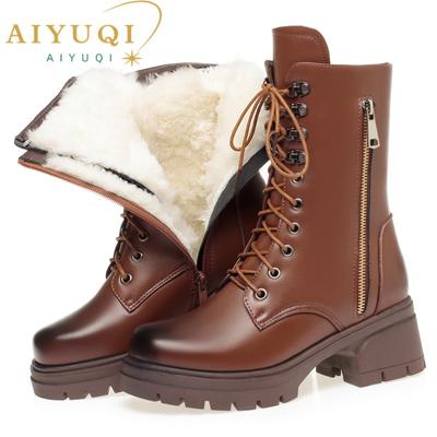 Damen Stiefeletten aus echtem Leder mit Plateau-Schneestiefeln, Winterstiefel, große Größe, Damen-Ritterstiefel
