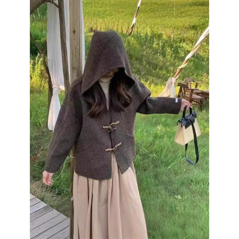

Короткое двухстороннее шерстяное пальто с роговыми пуговицами для женщин, осень и зима, новое шерстяное пальто с капюшоном S