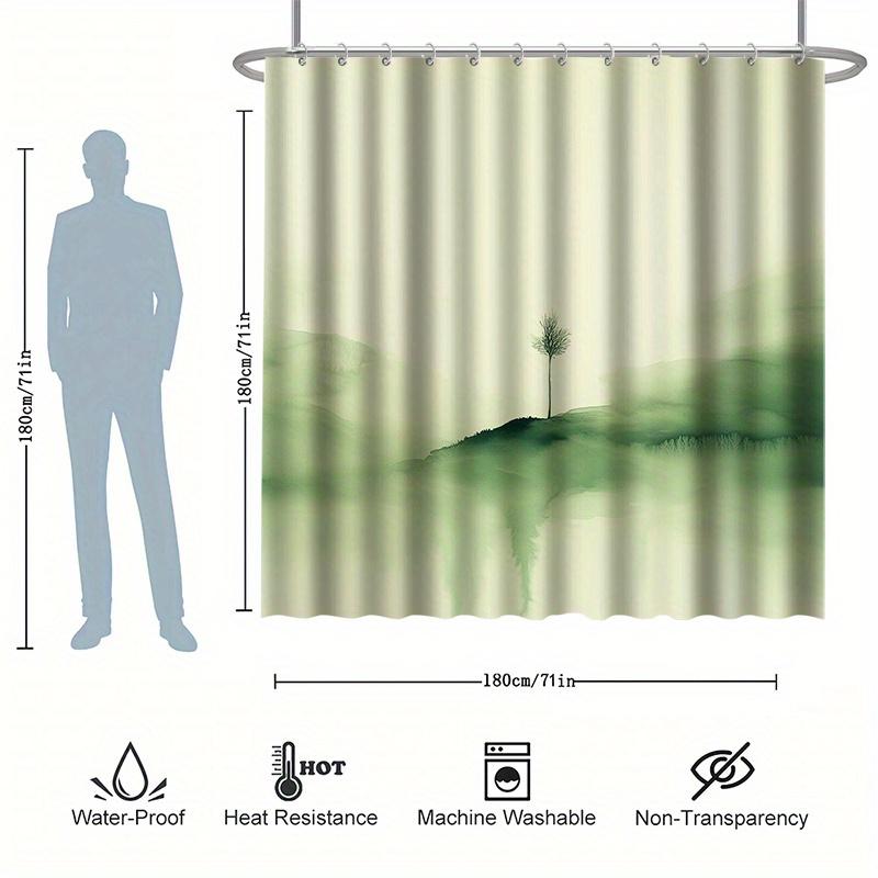 A Small Tree Shower Curtain Set, Green Ink Style, Full of Vitality, 12 Hooks, Polyester, Bathtub Partition, Modern Bath Decor