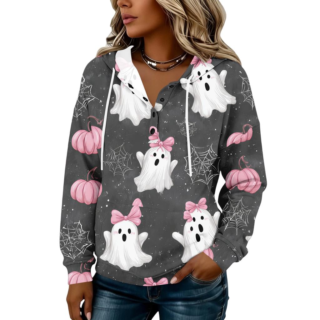 Women's Fashion Hooded Button Front Halloween Print Sweatshirt