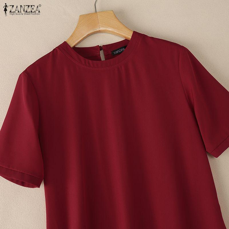 ZANZEA Women Casual Round Neck Short Sleeve Pleated Hem Summer Dress