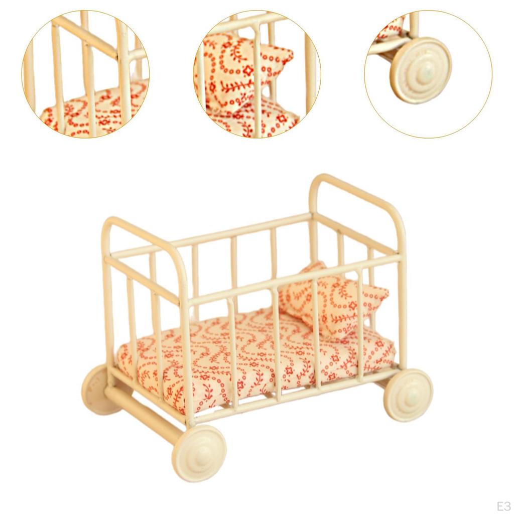 1/12 Dollhouse Baby Bed Miniature Furniture Room Realistic Photo Props with Mattress for DIY Model