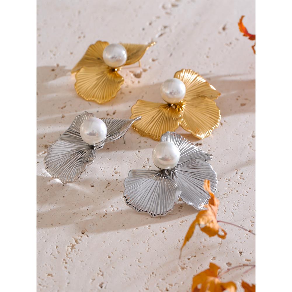 Yhpup Big Flower Fashion Gold Platinum PVD Plated Statement Stud Earrings Jewelry for Women Inlay Quality Imitation Pearl