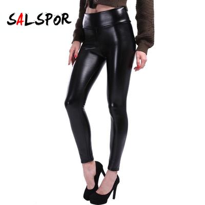 Women Black Leggings Black PU Leather Patckwork Workout Hot Hip Pleated Leggings