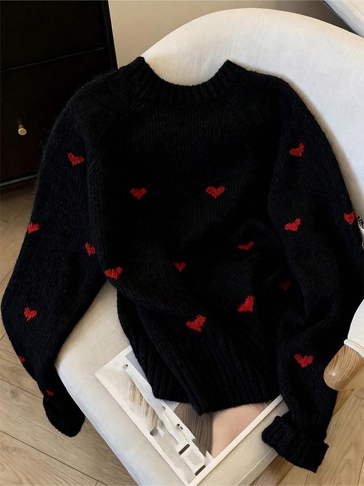 2026 Fall/Winter European & American Women's Heart Pattern Long Sleeve Pullover Sweater