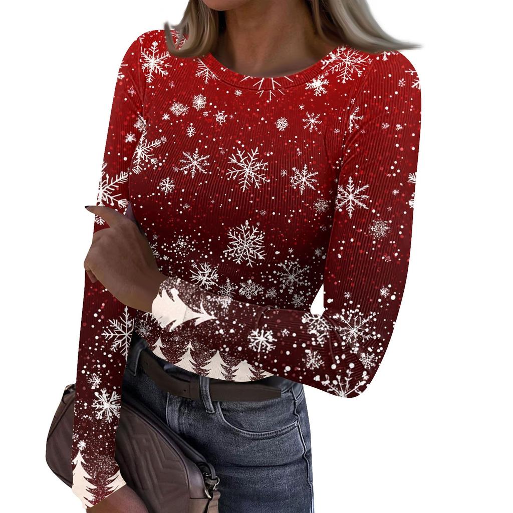Women's  And Winter Slim Bottom T-shirt Fashion Casual Christmas Printed Round Neck Pullover Long Sleeve Top