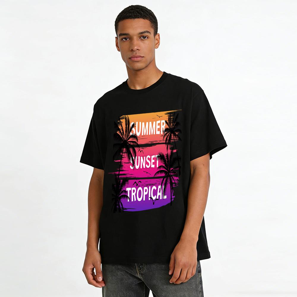 Summer Sunset Tropical Coconut Tree Print Casual T-Shirt Pure cotton T-shirt